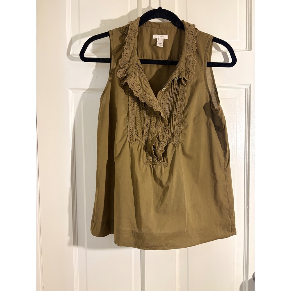 J.Crew Olive Green Sleeveless Eyelet Lace Ruffle Pintuck Blouse Top 4 28505
